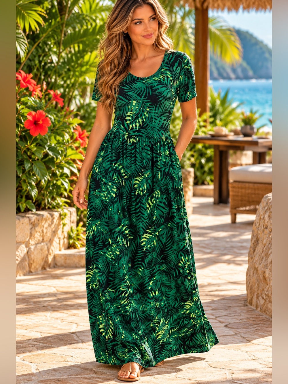 VII SHOW Tropical Palm Leaf Maxi Dress Green Black XL (NWT) - Picture 1 of 8